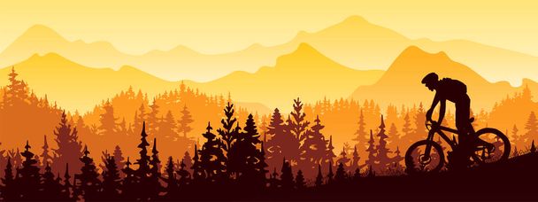 Silhouette of mountain bike rider in wild nature landscape. Mountains, forest in background. Magical misty nature. Blue and green illustration.	 - Vektör, Görsel