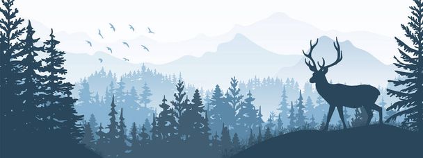 Horizontal banner. Silhouette of deer standing on grass hill. Mountains and forest in the background. Magical misty landscape, trees, animal. Blue illustration, bookmark. - Vector, Image