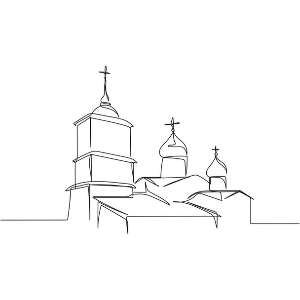 Continuous one simple single abstract line drawing of church religion concept icon in silhouette on a white background. Linear stylized. - ベクター画像