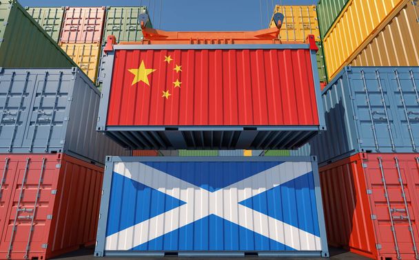 Freight containers with China and Scotland national flags. 3D Rendering  - Foto, Bild