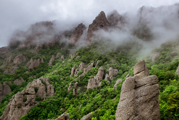 Aerial view of the Demerdzhi mountain range and the ghost valley in Crimea peninsula. - Foto, imagen