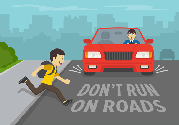 Safety driving rules. Young boy running onto road. Driver stops his car immediately. Don't run on road. Flat vector illustration. - Vector, Image