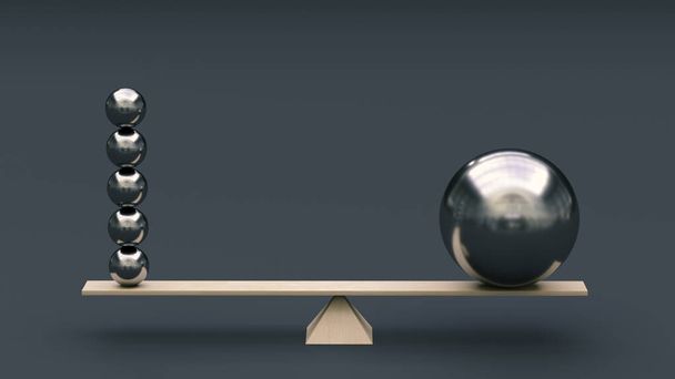 Uma grande bola de metal é equilibrada em um balanço por várias bolas de metal de pequeno diâmetro. Renderização 3D. Minimalismo. Abstração. Conceito de equilíbrio. - Foto, Imagem