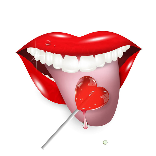 Σέξι κόκκινα χείλη σε διαφανές φόντο, γλείφοντας ένα γλειφιτζούρι σε σχήμα καρδιάς. 3D εφέ. Εικονογράφηση διανύσματος. - Διάνυσμα, εικόνα