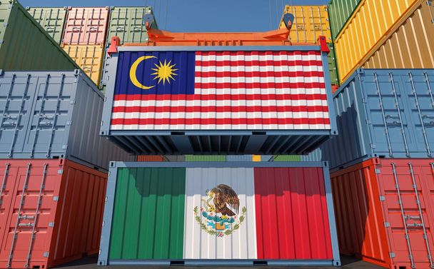 Freight containers with Malaysia and Mexico national flags. 3D Rendering  - Фото, изображение