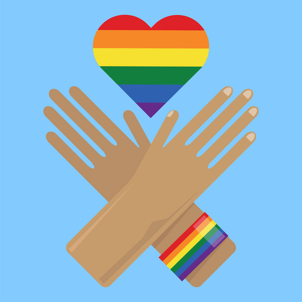Нагороджений орденами ордену місячних. Кольорове серце з ЛГБТ-кольорами на синьому фоні. "Rainbow Stripe Line". LGBTQ Concept - Фото, зображення