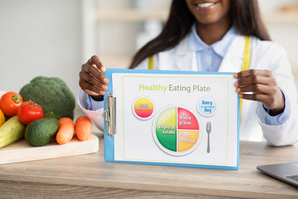 Jeune nutritionniste afro-américaine montrant une plaque alimentaire saine schématique pour l'alimentation, assise sur le lieu de travail - Photo, image