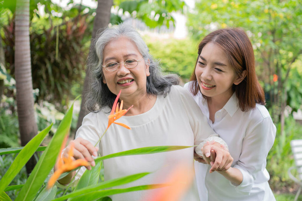 Een oude Aziatische vrouw die met haar dochter in de achtertuin loopt. Concept van gelukkig pensioen Met zorg van een zorgverlener en spaargeld en senior ziektekostenverzekering, Gelukkig gezin - Foto, afbeelding