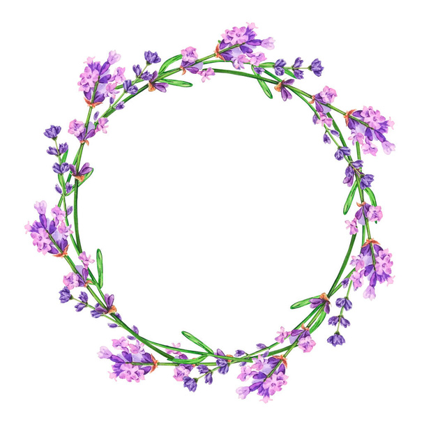 Watercolor lavender flowers, round frame, wreath - Fotoğraf, Görsel