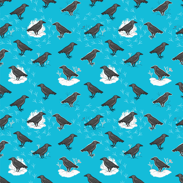 Seamless Pattern with cute crows or ravens in winter. - Zdjęcie, obraz