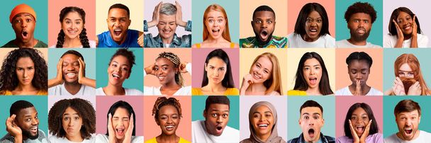 Κολάζ φωτογραφιών με συναισθηματικούς ανθρώπους σε πολύχρωμα υπόβαθρα - Φωτογραφία, εικόνα