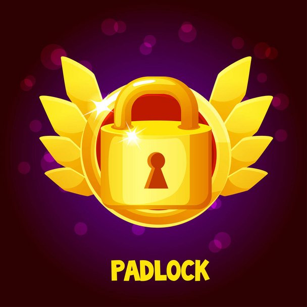 Game icon golden closed lock with wings. - Διάνυσμα, εικόνα