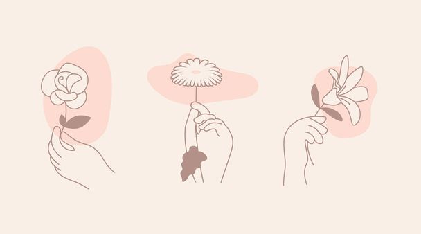 Hands with flower in trendy outline minimal style - Vettoriali, immagini