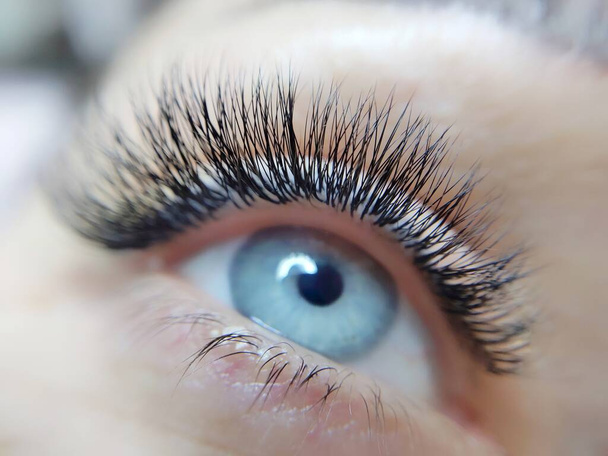 Lash extensions in schoonheidssalon macro eye. Hoge kwaliteit foto - Foto, afbeelding