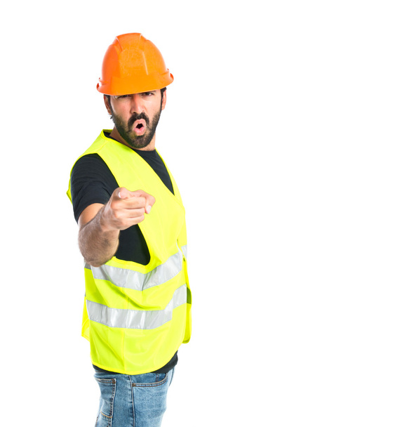 Workman shouting over isolated white background - Foto, imagen