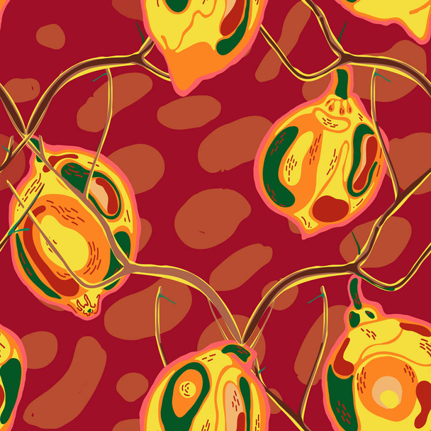 Lemon Seamless Pattern. Moderne Hand gezeichneten Hintergrund. Vector Summer Citrus Print. Grünes, rotes und gelbes psychedelisches Zitronenmotiv. Simple Marker Lime. Botanische Illustration. - Vektor, Bild