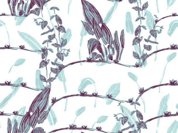 シンプルなトロピカルクリーンシームレスパターン。ブルーとインディゴの花の創造的な夏のプリント。手描きハワイの森イラスト。エキゾチックな水着の葉の背景。ナイーブドードルジャングルデザイン. - 写真・画像