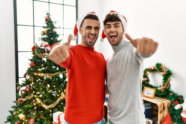 Young gay couple standing by christmas tree wearing hat approving doing positive gesture with hand, thumbs up smiling and happy for success. winner gesture.  - Photo, Image