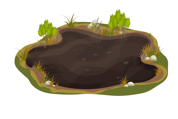 Dirty mud puddle, swamp with stone, grass in cartoon style isolated on white background. Natural wet soil, forest pond, lake clip art.  - Vector, Image