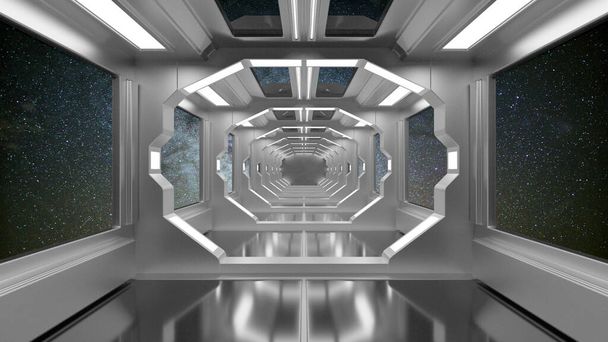 3D рендеринг. Футуристичний коридор. Концепція сучасного архітектурного та внутрішнього космічного корабля 3d рендерингу. Футуристичний коридор. Концепція сучасної архітектури та космічного корабля
 - Фото, зображення