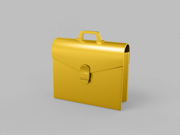 Gold mono color briefcase on gray solid background. Minimalistic design object. 3d rendering icon ui ux interface element. - Zdjęcie, obraz