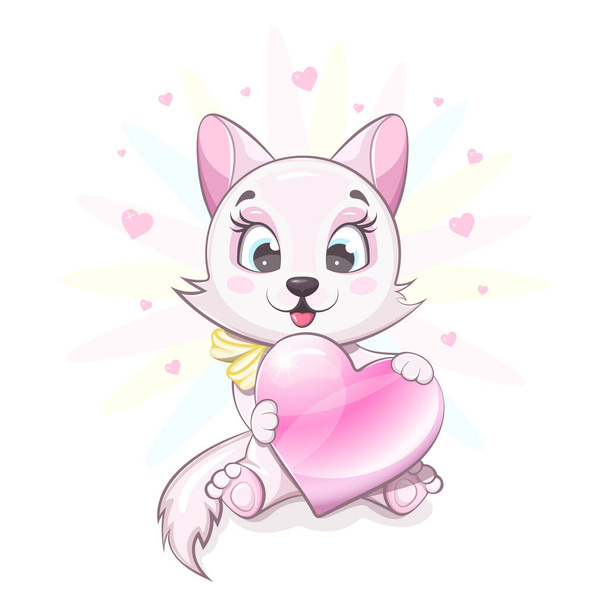Tekenfilm schattig en vrolijk kitty zit en houdt een hart - Vector, afbeelding