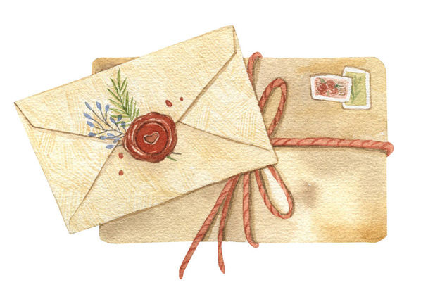 Watercolor mail enveiope illustration. Hand drawn abstract background. Natural texture. Artistic design. For birthday cards, greeting card, holiday invitation, postcard, poster, background. - Φωτογραφία, εικόνα