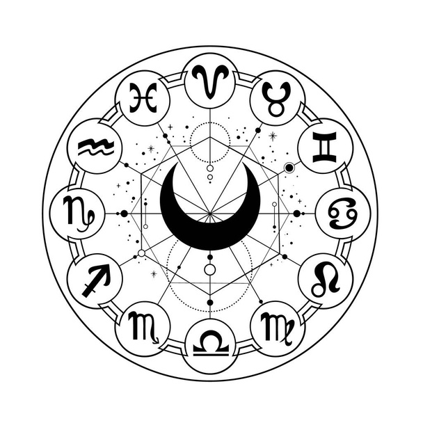 calendario místico redondo con signos del zodíaco - Vector, imagen