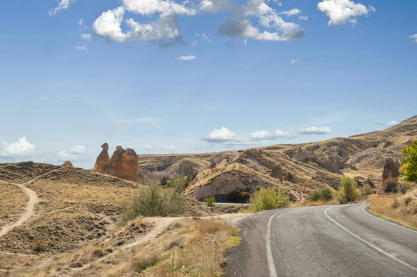 Dolina Devrent i bajkowe kominy w Kapadocji w Turcji. Devrent Valley jest jednym z najbardziej popularnych miejsc turystycznych w Kapadocji. Kamień w kształcie wielbłąda lub kominy bajkowe. Skupienie selektywne. - Zdjęcie, obraz