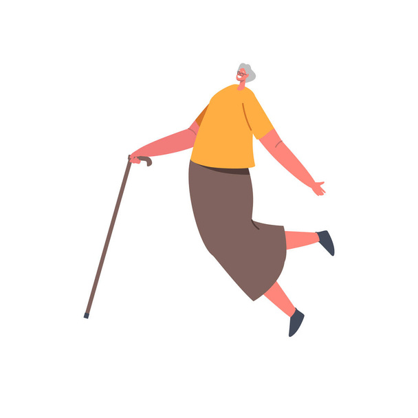 Ευτυχισμένη ηλικιωμένη γυναίκα με το περπάτημα από ζαχαροκάλαμο άλμα και να αισθάνονται ενθουσιασμό, Senior γυναικεία χαρακτήρα θετικά συναισθήματα, απόλαυση - Διάνυσμα, εικόνα