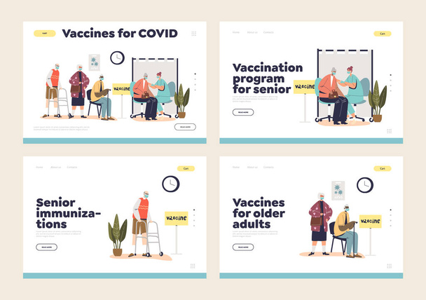 Campagna di atterraggio di vaccinazioni senior con persone anziane in attesa di vaccino da covid-19 - Vettoriali, immagini