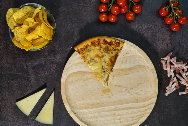 four cheese pizza with tomato and french fries, food - Zdjęcie, obraz