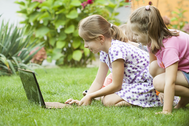 Children using laptop in garden - Foto, Imagen