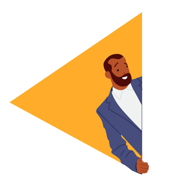 Happy Curious African Man Peeking From Behind Wall with Yellow Rectangular Shape, Smiling Male Character Peeping Out - Vector, Image
