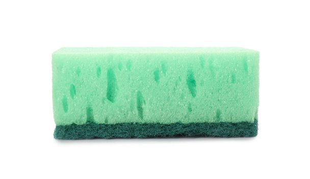 Green cleaning sponge with abrasive scourer isolated on white - Fotoğraf, Görsel