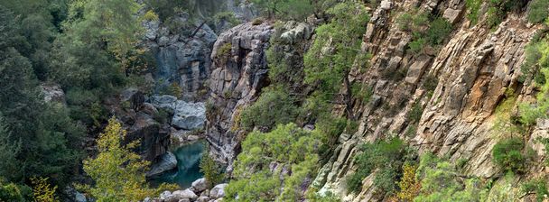 zalesněný horský kaňon s průzračně modrou řekou ve skalnatém podloží - Fotografie, Obrázek