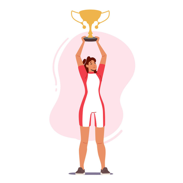 Успіх у спорті, святкування перемоги. Sportive Female Character Wear Uniform Celebrate Victory Holding Golden Cup - Вектор, зображення
