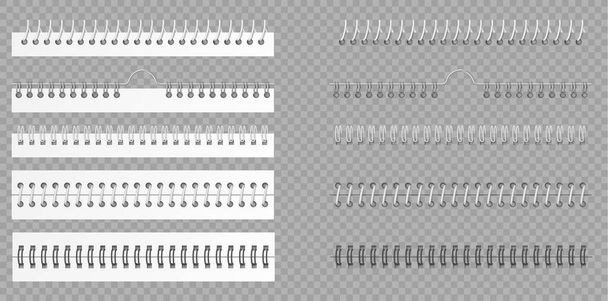 Set de liants métalliques. Bobines spirales réalistes pour ordinateur portable. Feuilles de fixation 3d et reliures de carnet de croquis - Vecteur, image