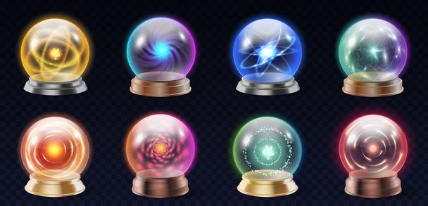 現実的な結晶球、輝くエネルギー球と光沢のある稲妻の魔法のボールのセット - ベクター画像