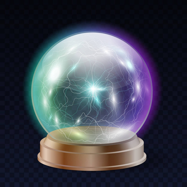 Bola de plasma azul brillante. Orbe de cristal de energía mágica con venas de energía desde el centro aislado - Vector, imagen