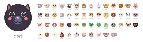 Conjunto de animais redondos Retratos bonitos com nomes desenho animado ilustração plana vetor gato, cão, lama, unicórnio, tigre, urso coelho - Vetor, Imagem