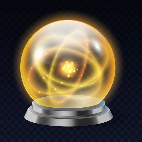 Krystalicznie magiczna kula realistyczna z świecącą kulą energii i błyszczącymi błyskawicami. Globus ze szkła duchowego - Wektor, obraz