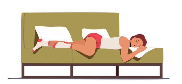 Lazaság, fáradtság, apátia vagy depresszió koncepció. Női karakter alszik, fiatal lusta nő alszik az ágyban a hálószobában - Vektor, kép