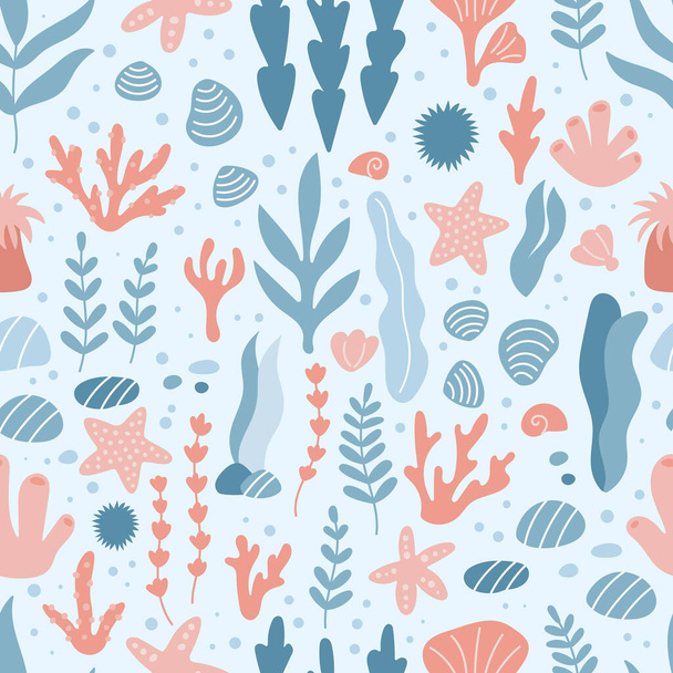 Childish vector seamless pattern with underwater ocean plants. Sea marine life. Coral reefs. Hand drawn seaweeds, stones, marine algae and shells. - Vector, Image