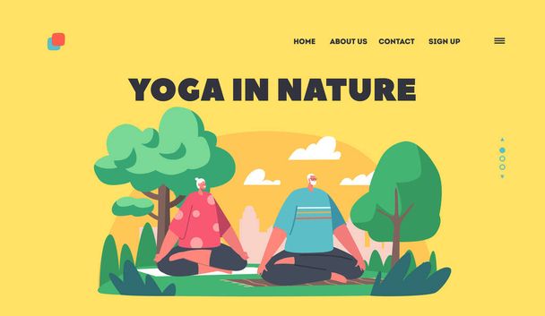 Yoga in Natura Landing Page Template. Carattere Coppia Senior che Fa Yoga nel Parco, Meditazione Pratica, Attività - Vettoriali, immagini