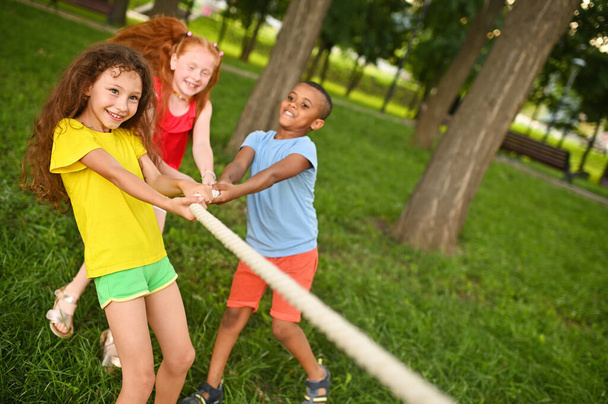 a group of children compete in a tug of war in the open air against the background of grass and park. - Photo, Image