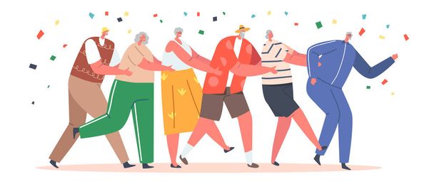 Old People Dance Conga Fique em fila com Confetti caindo. Idosos ativos Homens e Mulheres Avós Festa - Vetor, Imagem