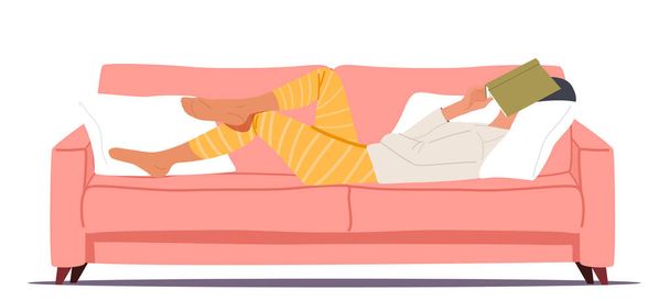 Τεμπέλικη γυναικεία χαρακτήρα Ύπνος Ξαπλώστε στον καναπέ Cover Face με βιβλίο. Απογευματινή κατρακύλα, τεμπελιά και αναβρασμός - Διάνυσμα, εικόνα