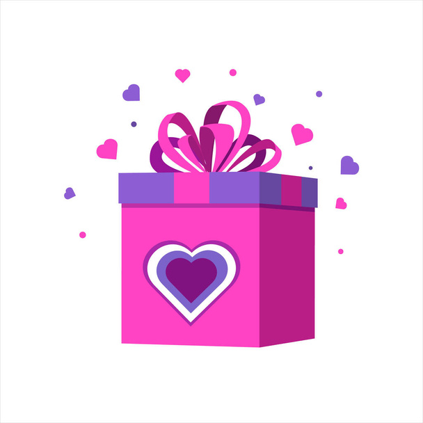 Valentines day. Gift box icon with bow and confetti, love message in trendy veri pery color. - Vektör, Görsel