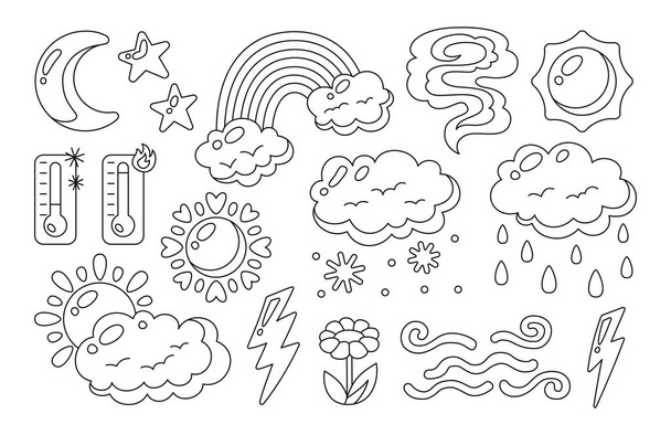 Pogoda doodle linia ustawić słońce chmury księżyc gwiazda termometr liniowy klimat meteorologiczny znak - Wektor, obraz